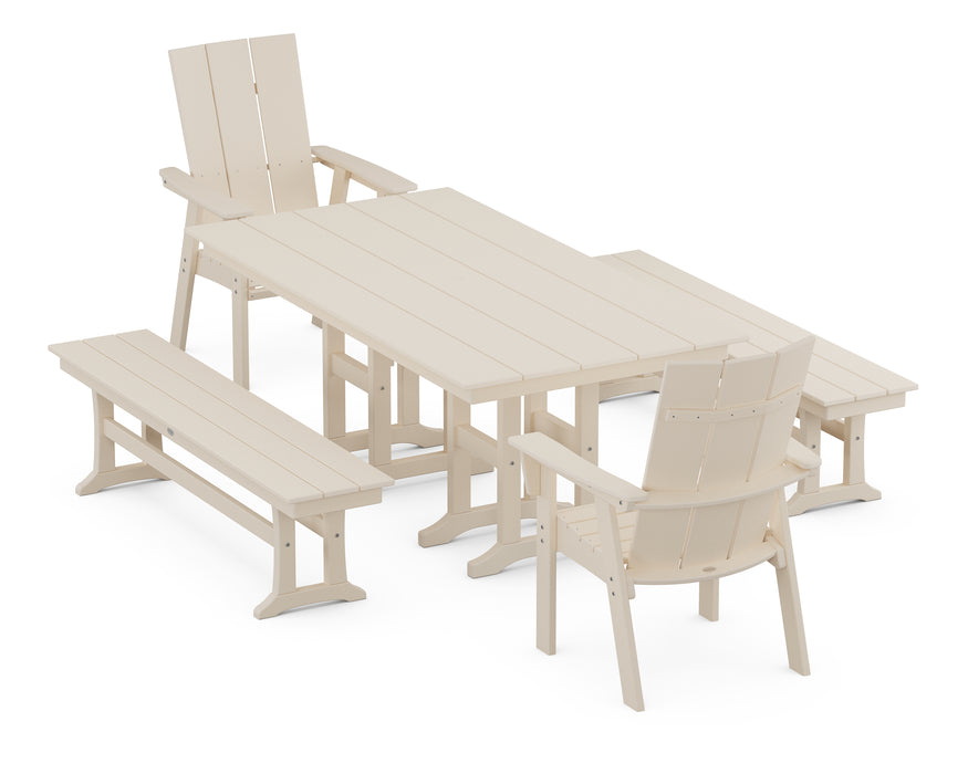 POLYWOOD Modern Curveback Adirondack 5-Piece Farmhouse Dining Set with Benches in Sand