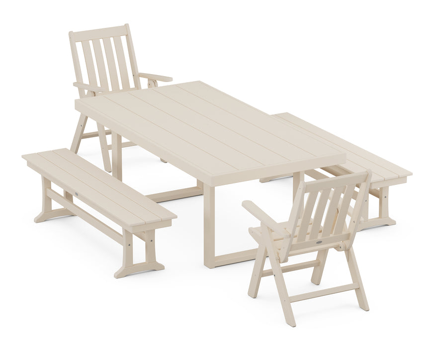 POLYWOOD Vineyard Folding Chair 5-Piece Dining Set with Benches in Sand