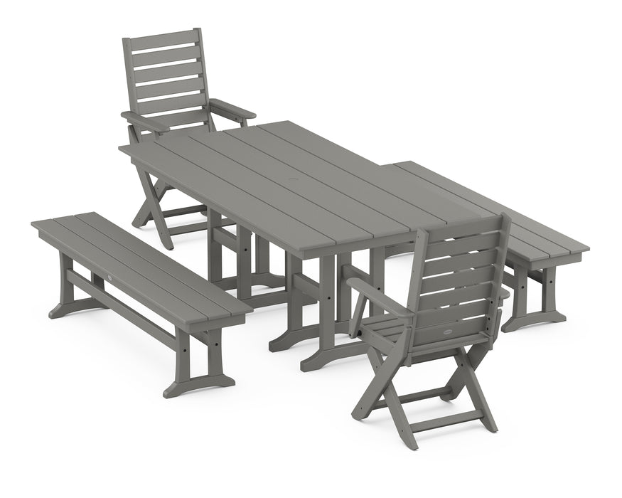 POLYWOOD Captain 5-Piece Farmhouse Dining Set with Benches in Slate Grey