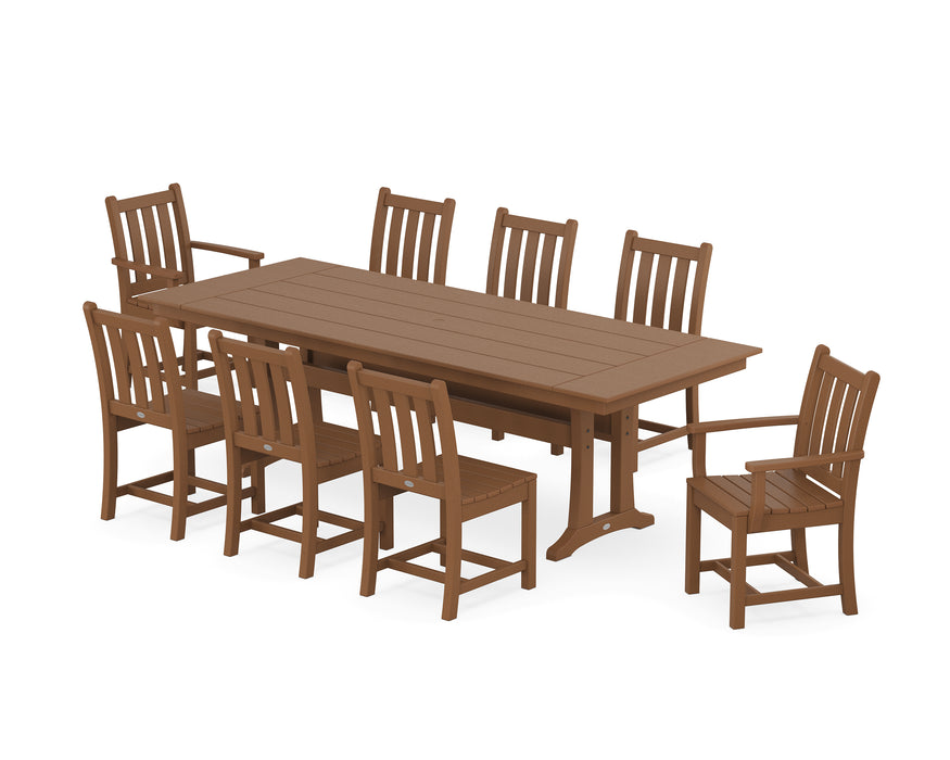 POLYWOOD Traditional Garden 9-Piece Farmhouse Dining Set with Trestle Legs in Teak