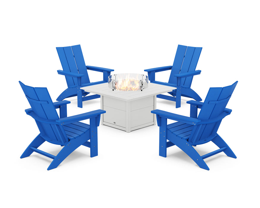 POLYWOOD® 5-Piece Modern Grand Adirondack Conversation Set with Fire Pit Table in Pacific Blue / White