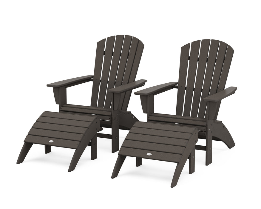 POLYWOOD Nautical Curveback Adirondack Chair 4-Piece Set with Ottomans in Vintage Coffee