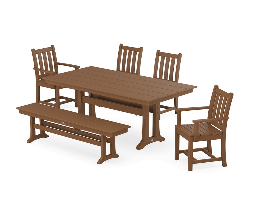 POLYWOOD Traditional Garden 6-Piece Farmhouse Dining Set with Trestle Legs and Bench in Teak