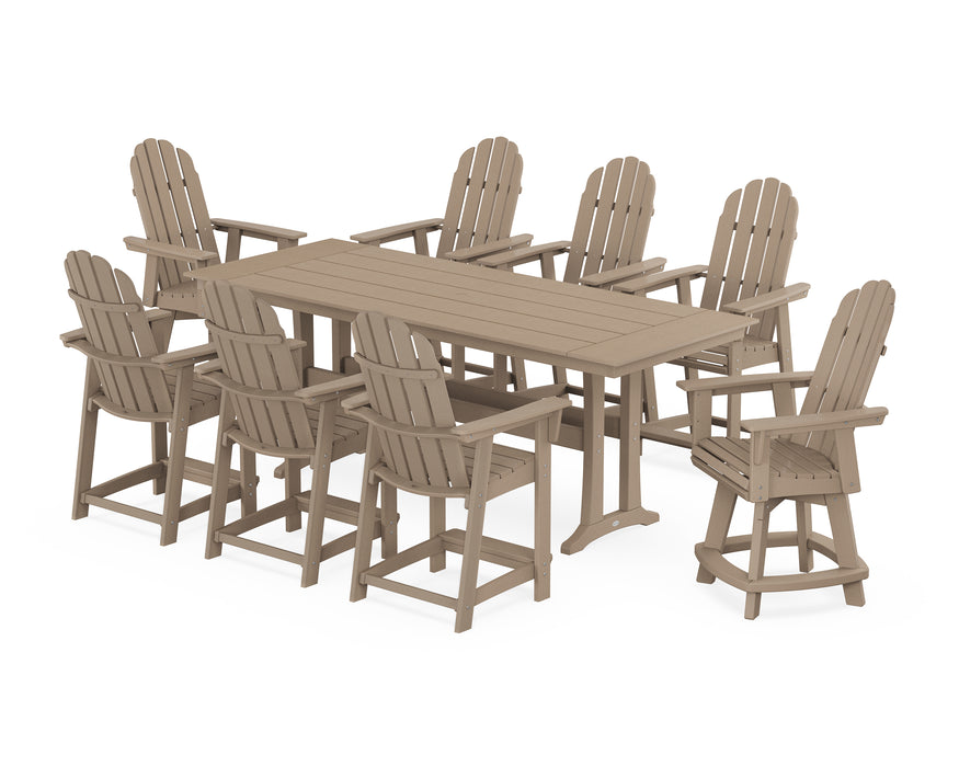 POLYWOOD® Vineyard Curveback Adirondack Swivel 9-Piece Farmhouse Counter Set with Trestle Legs in Vintage White