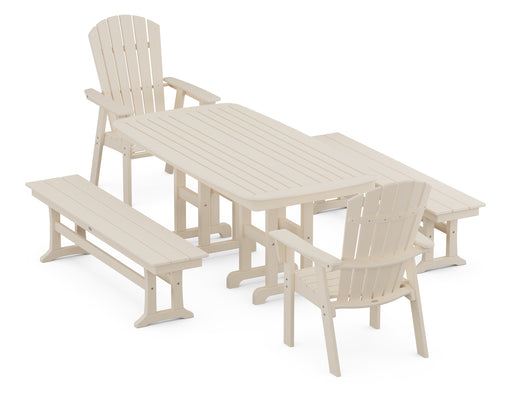 POLYWOOD Nautical Curveback Adirondack 5-Piece Dining Set with Benches in Sand