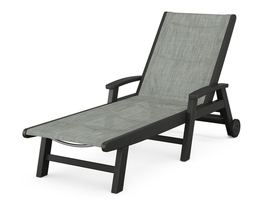 POLYWOOD Coastal Chaise with Wheels in Black with Birch fabric