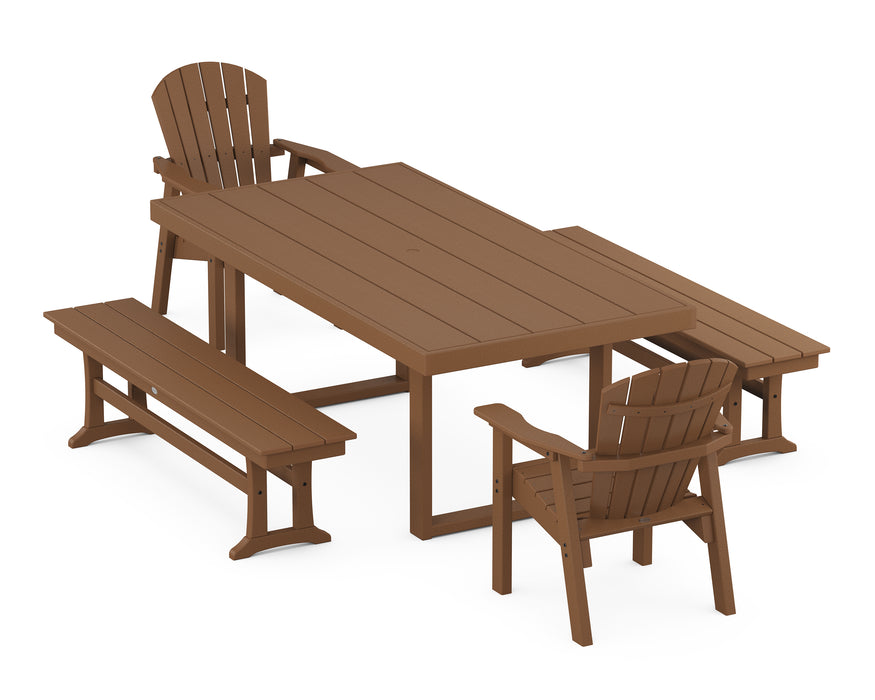 POLYWOOD Seashell 5-Piece Dining Set with Benches in Teak