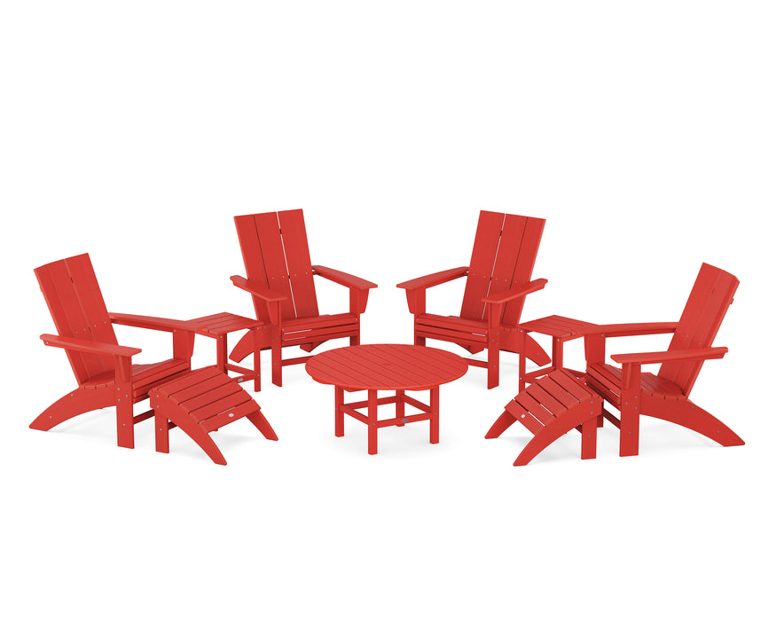 POLYWOOD Modern Curveback Adirondack Chair 9-Piece Conversation Set in Sunset Red