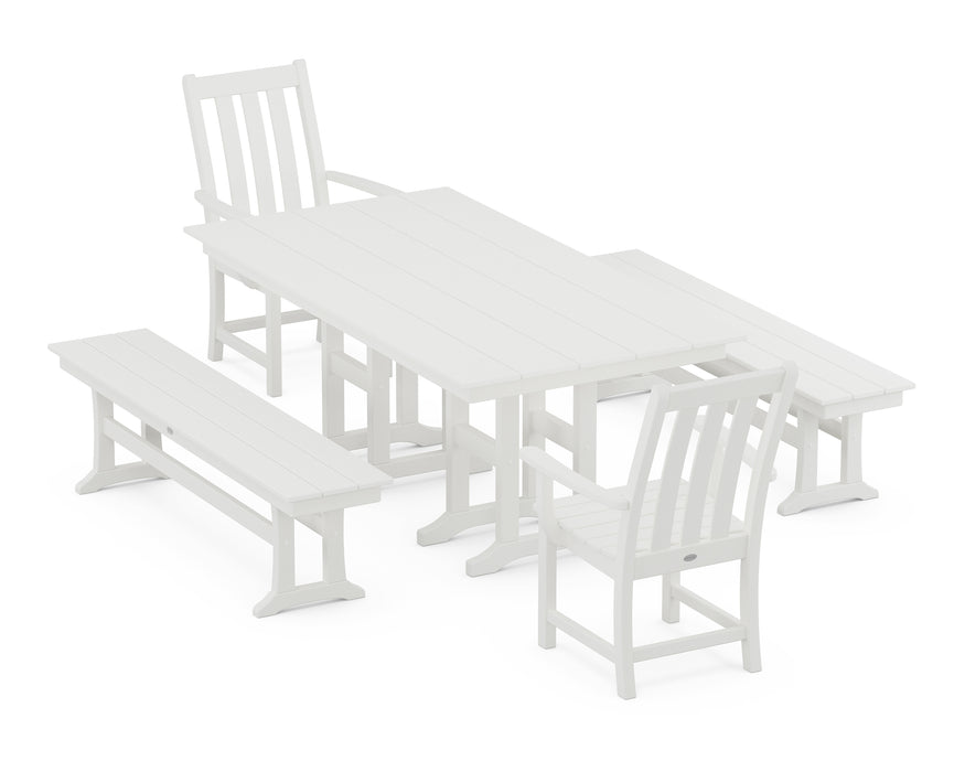 POLYWOOD® Vineyard 5-Piece Farmhouse Dining Set with Benches in Vintage White