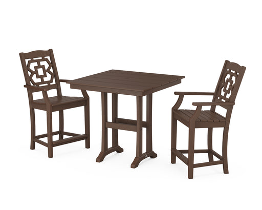 Martha Stewart by POLYWOOD Chinoiserie 3-Piece Farmhouse Counter Set with Trestle Legs in Mahogany