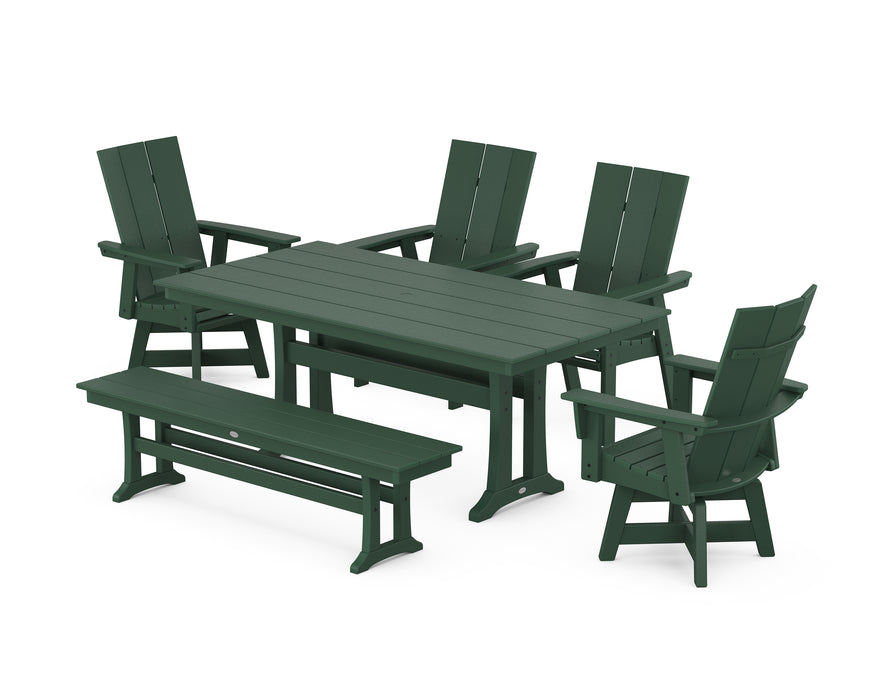 POLYWOOD Modern Curveback Adirondack Swivel Chair 6-Piece Farmhouse Dining Set With Trestle Legs and Bench in Green