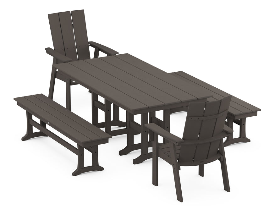 POLYWOOD Modern Curveback Adirondack 5-Piece Farmhouse Dining Set with Benches in Vintage Coffee