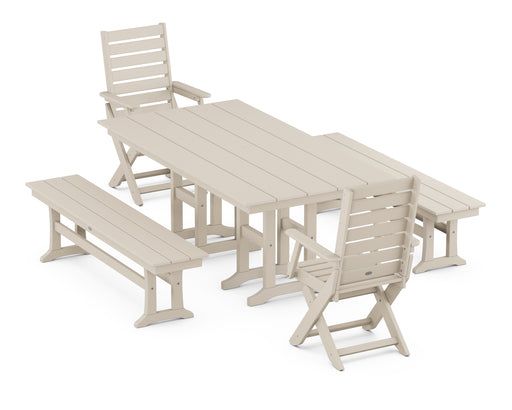 POLYWOOD Captain 5-Piece Farmhouse Dining Set with Benches in Sand