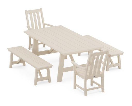 POLYWOOD Vineyard 5-Piece Rustic Farmhouse Dining Set With Benches in Sand