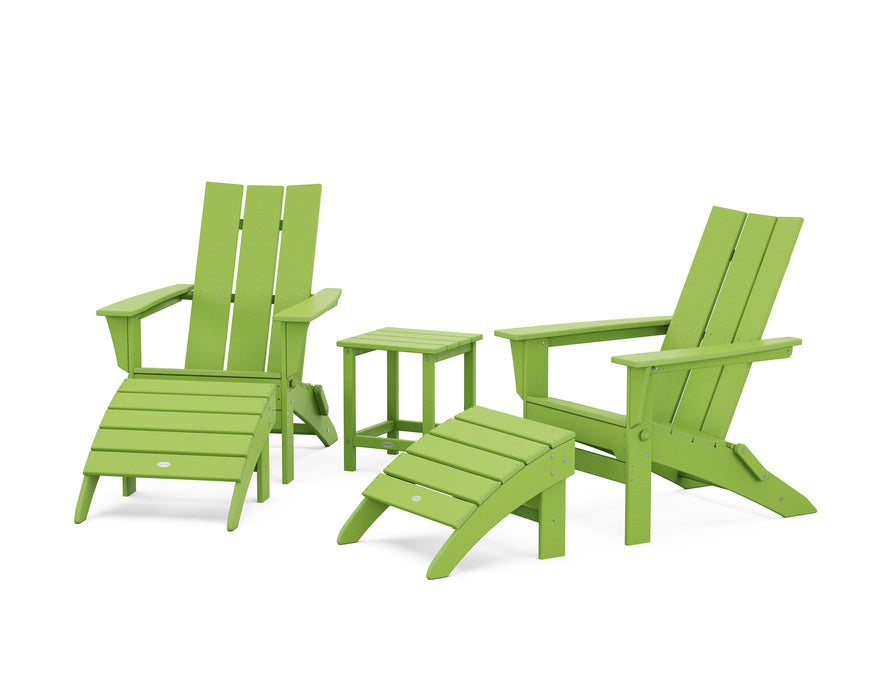 POLYWOOD Modern Folding Adirondack Chair 5-Piece Set with Ottomans and 18" Side Table in Navy