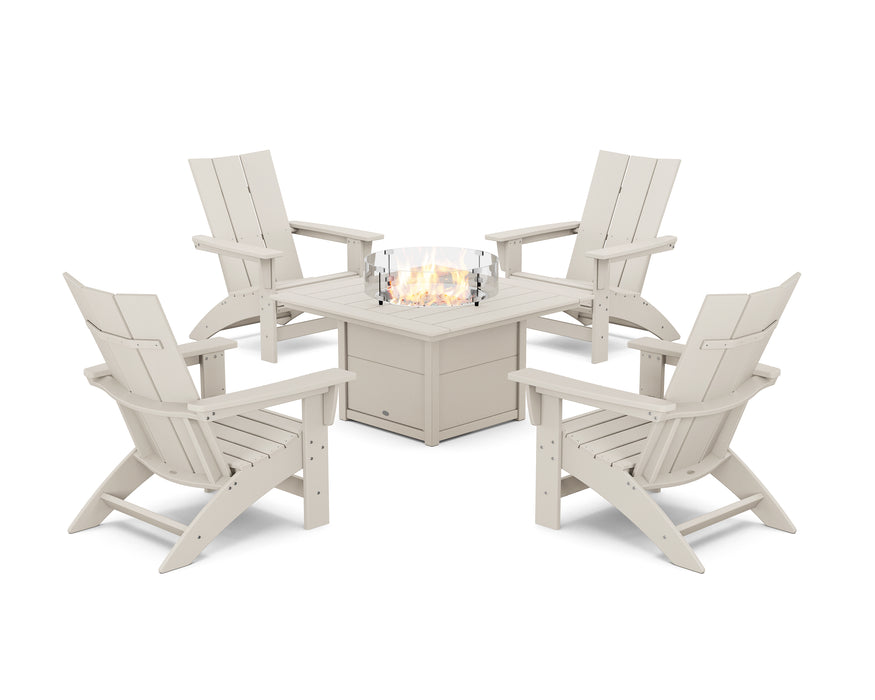 POLYWOOD® 5-Piece Modern Grand Adirondack Conversation Set with Fire Pit Table in Sand