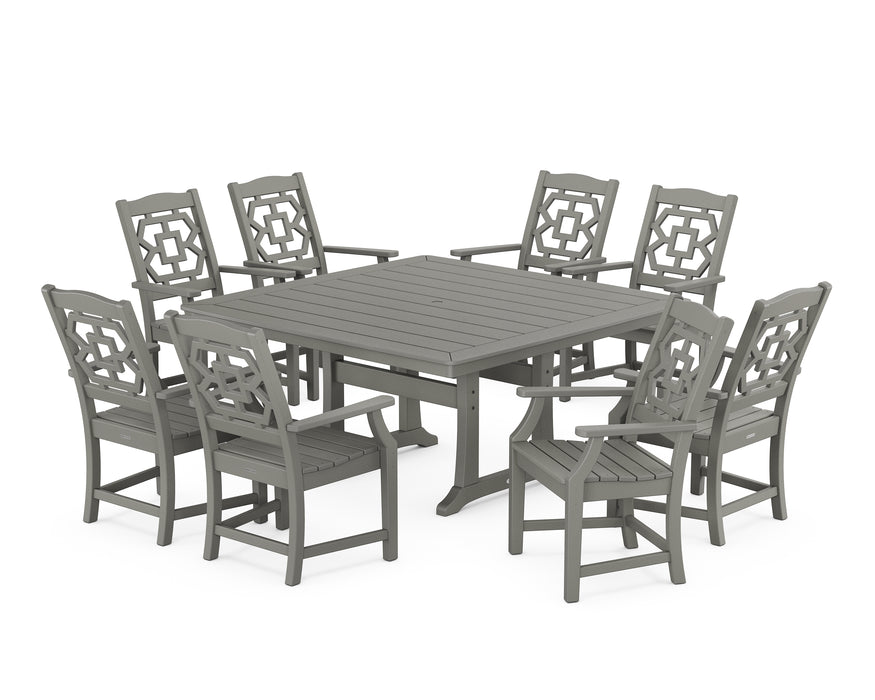 Martha Stewart by POLYWOOD Chinoiserie 9-Piece Square Dining Set with Trestle Legs in Slate Grey
