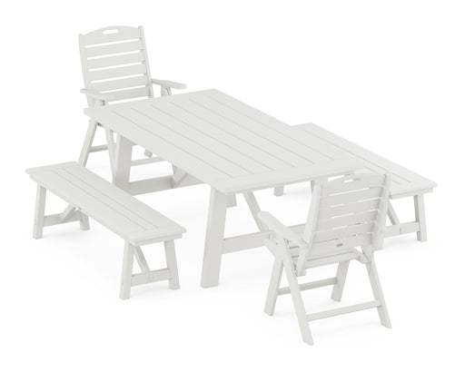 POLYWOOD Nautical Highback 5-Piece Rustic Farmhouse Dining Set With Trestle Legs in Vintage White