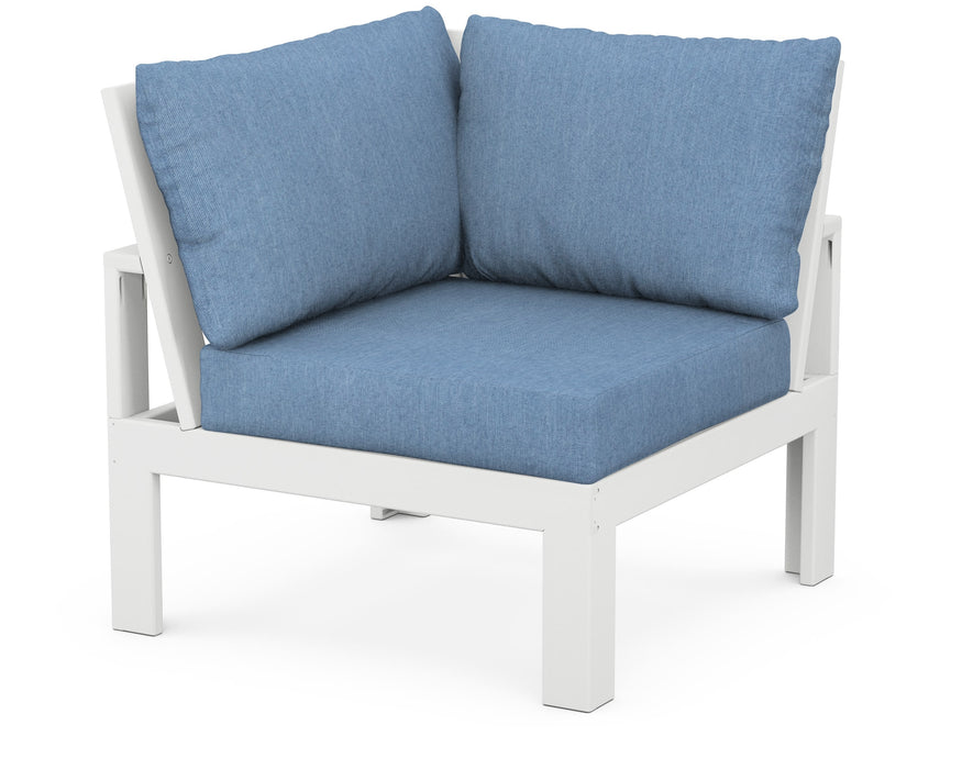 POLYWOOD Edge Modular Corner Chair in White with Sky Blue fabric