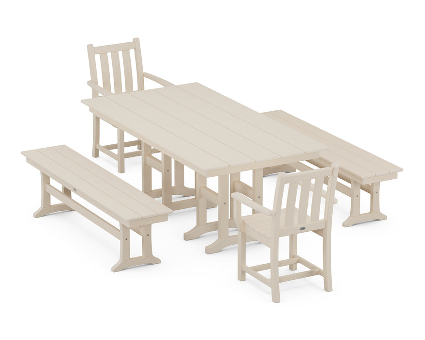 POLYWOOD Traditional Garden 5-Piece Farmhouse Dining Set with Benches in Sand