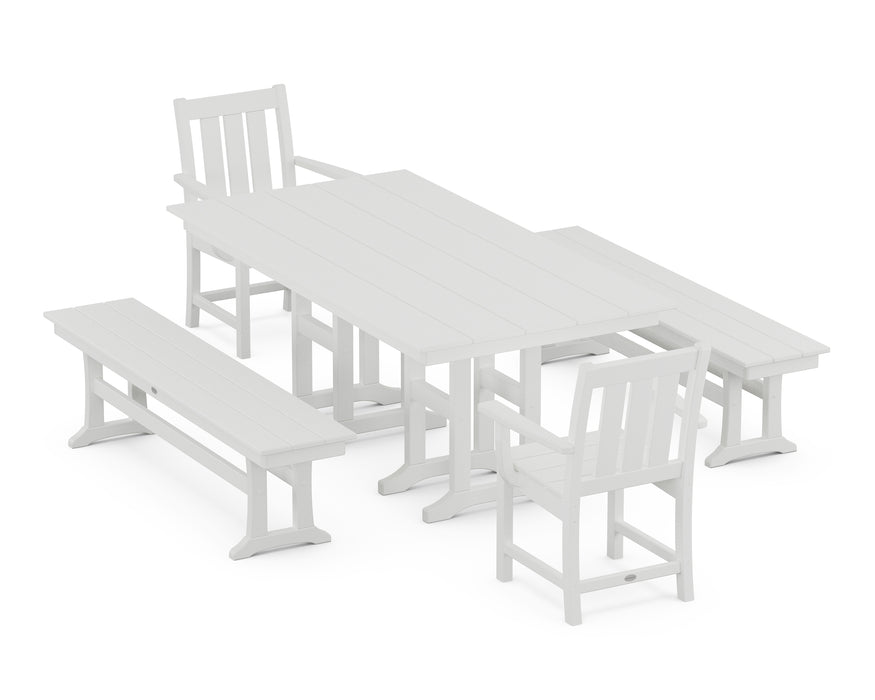 POLYWOOD® Oxford 5-Piece Farmhouse Dining Set with Benches in White