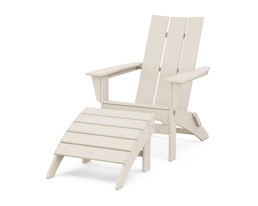 POLYWOOD Modern Folding Adirondack Chair 2-Piece Set with Ottoman in Sand