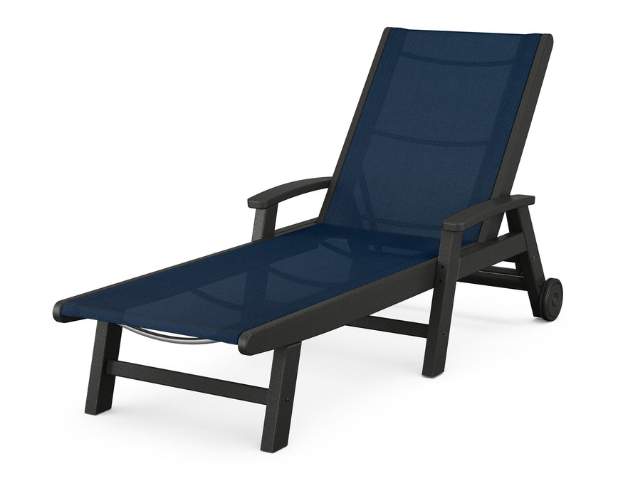 POLYWOOD Coastal Chaise with Wheels in Black with Navy 2 fabric