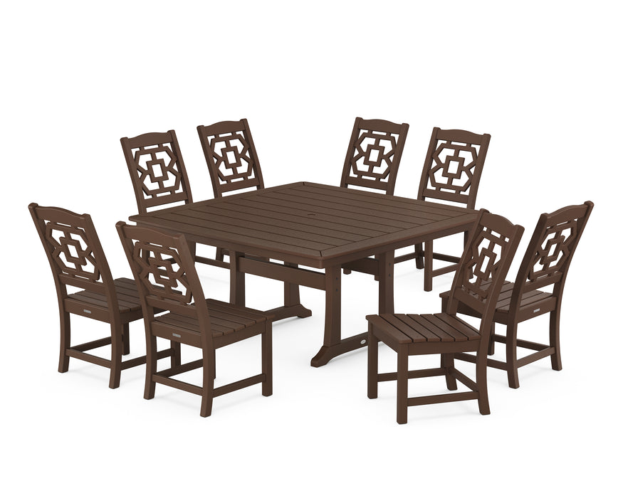 Martha Stewart by POLYWOOD Chinoiserie 9-Piece Square Side Chair Dining Set with Trestle Legs in Mahogany