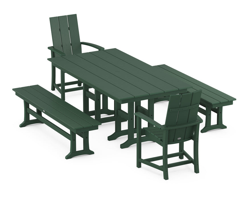 POLYWOOD Modern Adirondack 5-Piece Farmhouse Dining Set with Benches in Green
