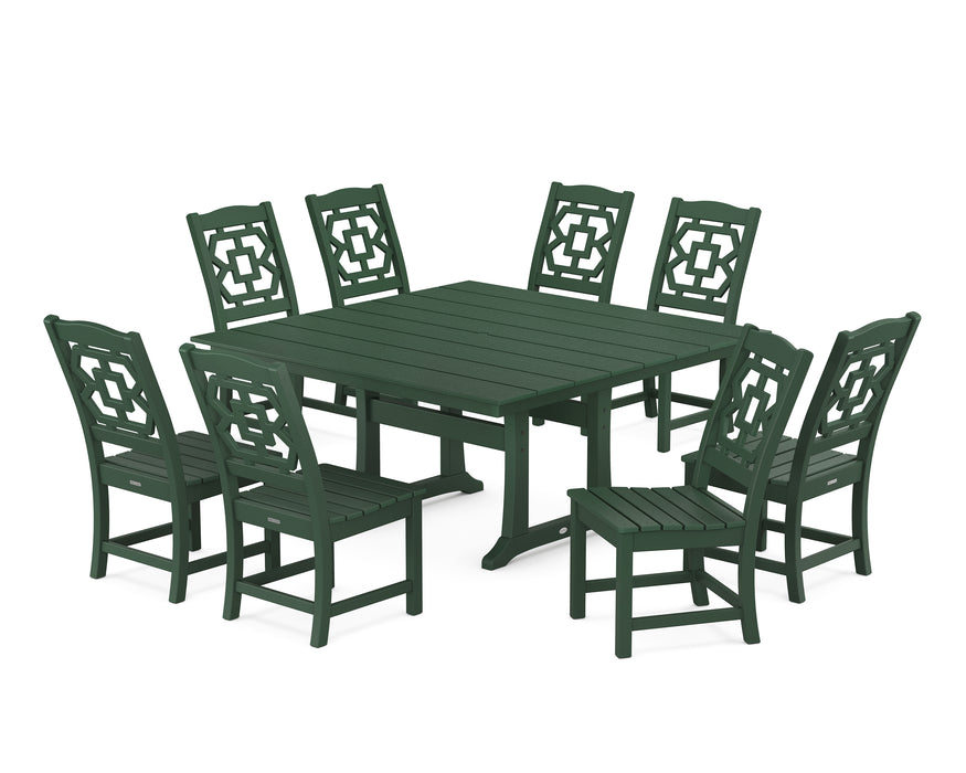 Martha Stewart by POLYWOOD Chinoiserie 9-Piece Square Farmhouse Side Chair Dining Set with Trestle Legs in Green
