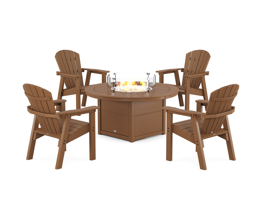 POLYWOOD® Seashell 4-Piece Upright Adirondack Conversation Set with Fire Pit Table in Teak