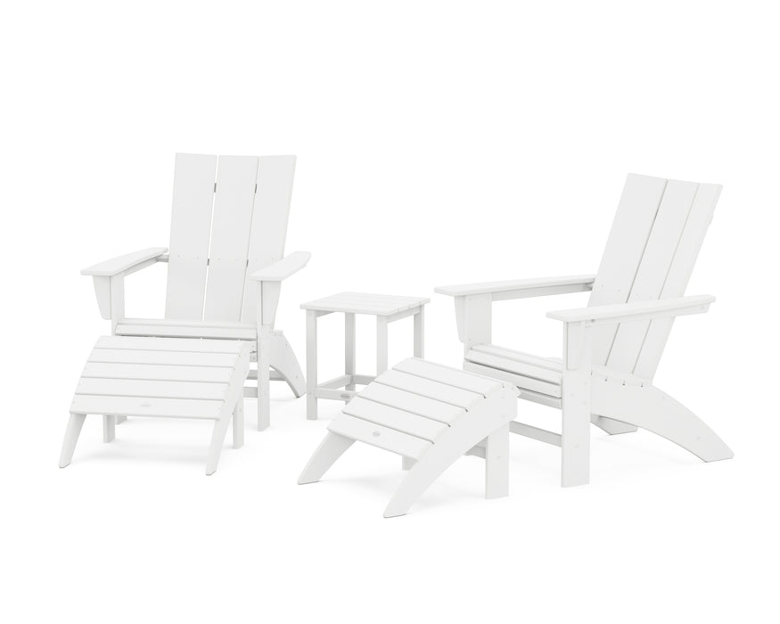 POLYWOOD Modern Curveback Adirondack Chair 5-Piece Set with Ottomans and 18" Side Table in White