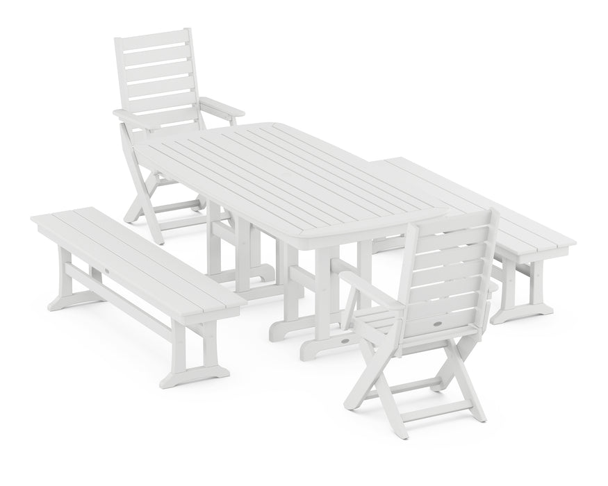 POLYWOOD Captain 5-Piece Dining Set with Benches in White