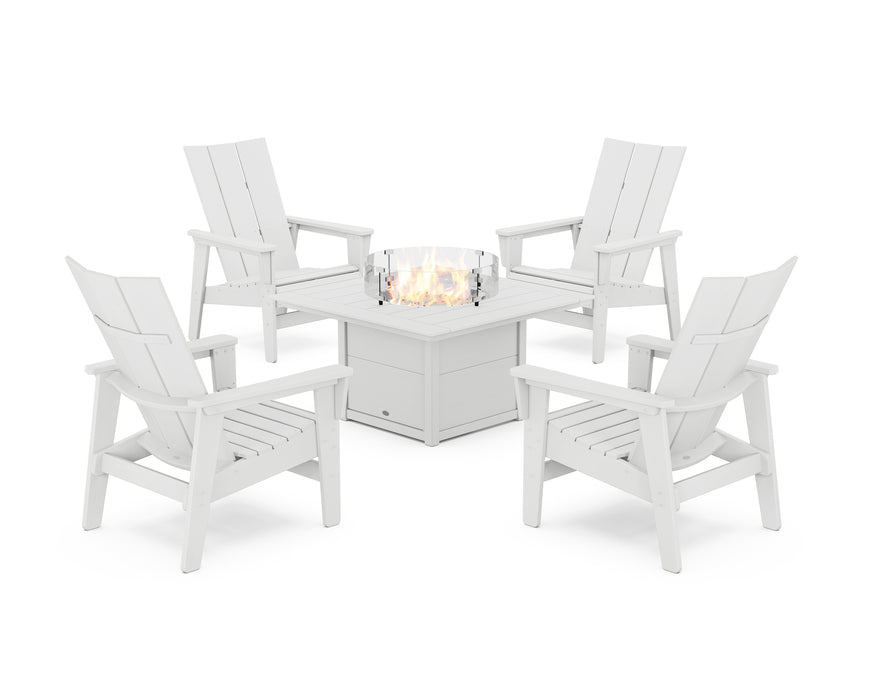 POLYWOOD® 5-Piece Modern Grand Upright Adirondack Conversation Set with Fire Pit Table in White