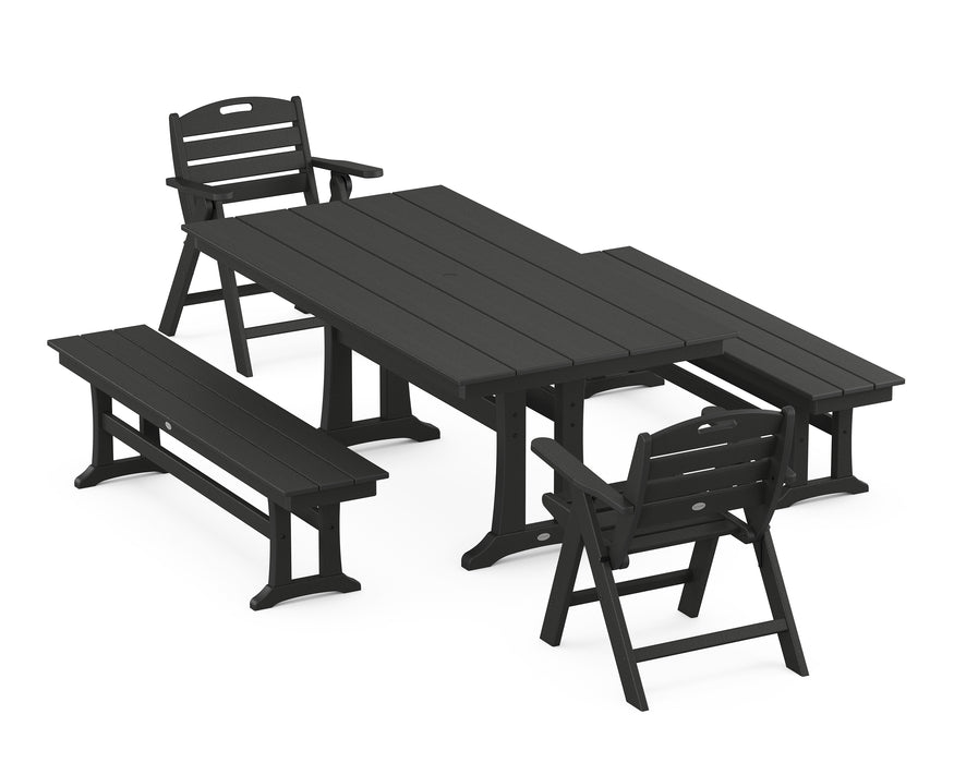 POLYWOOD Nautical Lowback 5-Piece Farmhouse Dining Set With Trestle Legs in Black