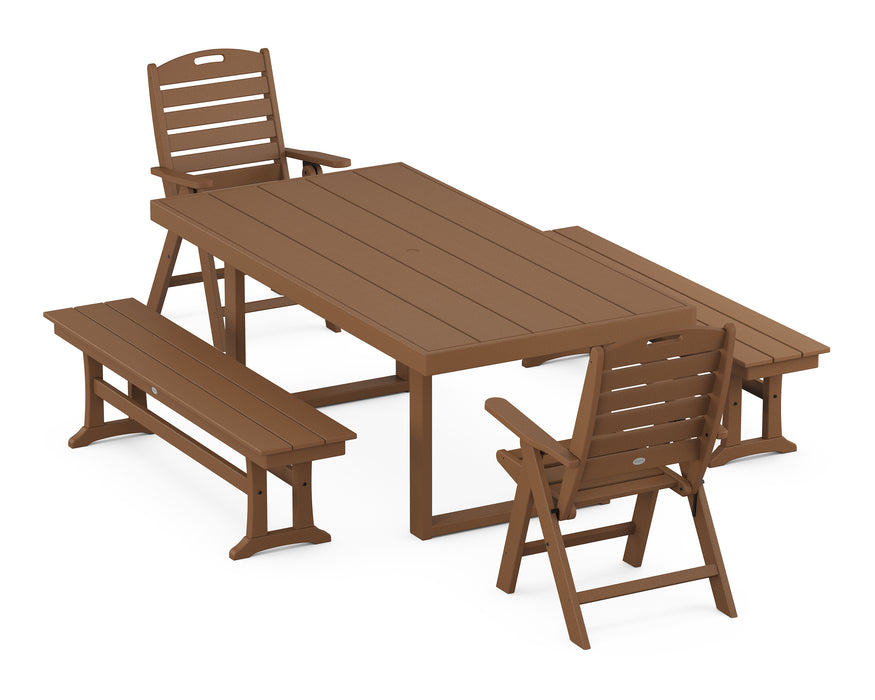 POLYWOOD Nautical Highback 5-Piece Dining Set with Trestle Legs in Teak
