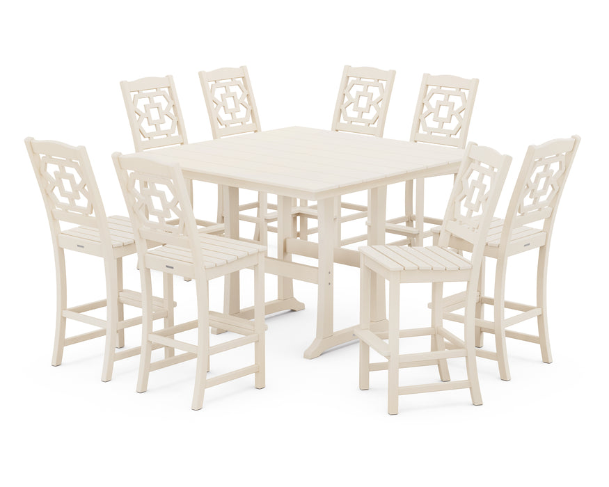 Martha Stewart by POLYWOOD Chinoiserie 9-Piece Square Farmhouse Side Chair Bar Set with Trestle Legs in Sand
