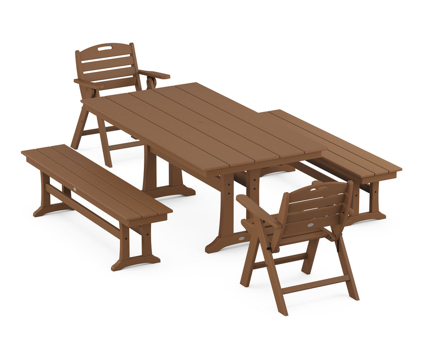 POLYWOOD Nautical Lowback 5-Piece Farmhouse Dining Set With Trestle Legs in Teak