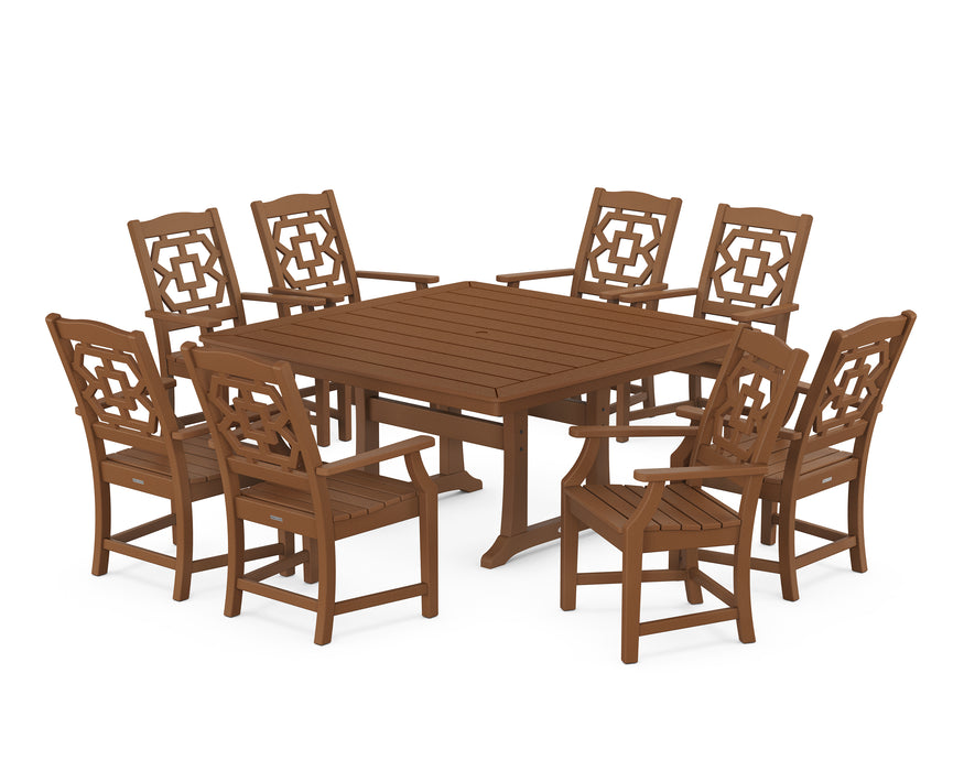 Martha Stewart by POLYWOOD Chinoiserie 9-Piece Square Dining Set with Trestle Legs in Teak