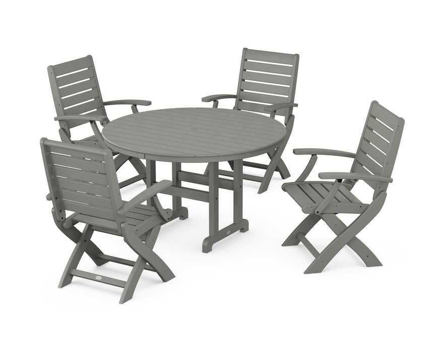 POLYWOOD Signature Folding Chair 5-Piece Round Farmhouse Dining Set in Slate Grey
