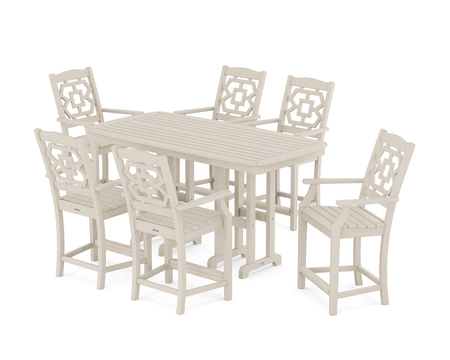 Martha Stewart by POLYWOOD Chinoiserie Arm Chair 7-Piece Counter Set in Sand