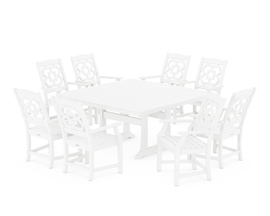 Martha Stewart by POLYWOOD Chinoiserie 9-Piece Square Dining Set with Trestle Legs in White