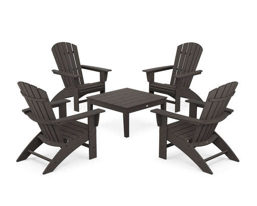 POLYWOOD 5-Piece Nautical Curveback Adirondack Chair Conversation Set with 36" Conversation Table in Vintage Coffee
