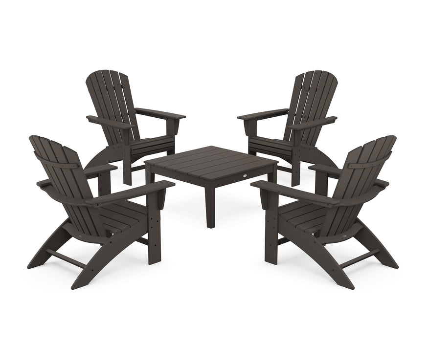 POLYWOOD 5-Piece Nautical Curveback Adirondack Chair Conversation Set with 36" Conversation Table in Vintage Coffee