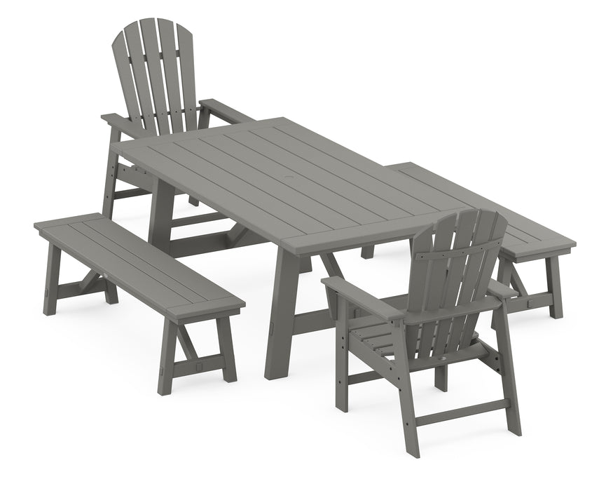 POLYWOOD South Beach 5-Piece Rustic Farmhouse Dining Set With Benches in Slate Grey