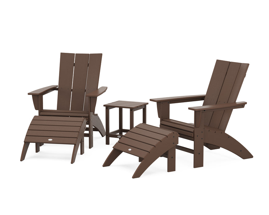 POLYWOOD Modern Curveback Adirondack Chair 5-Piece Set with Ottomans and 18" Side Table in Mahogany