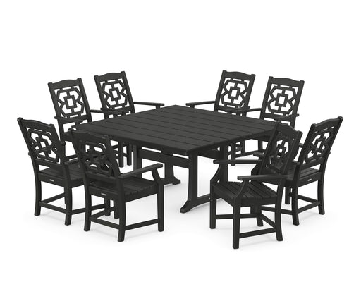 Martha Stewart by POLYWOOD Chinoiserie 9-Piece Square Farmhouse Dining Set with Trestle Legs in Black