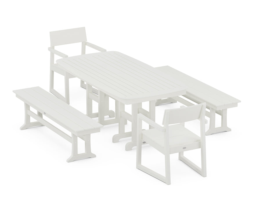 POLYWOOD EDGE 5-Piece Dining Set with Benches in Vintage White