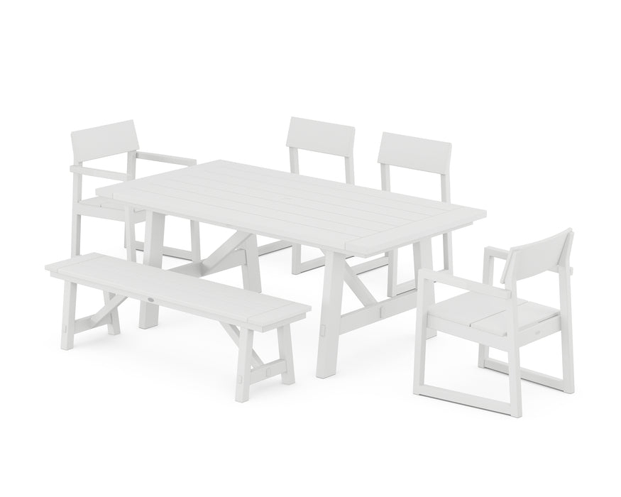 POLYWOOD EDGE 6-Piece Rustic Farmhouse Dining Set with Bench in White