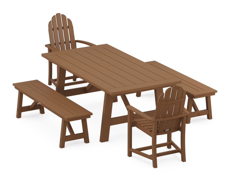 POLYWOOD Classic Adirondack 5-Piece Rustic Farmhouse Dining Set With Benches in Teak